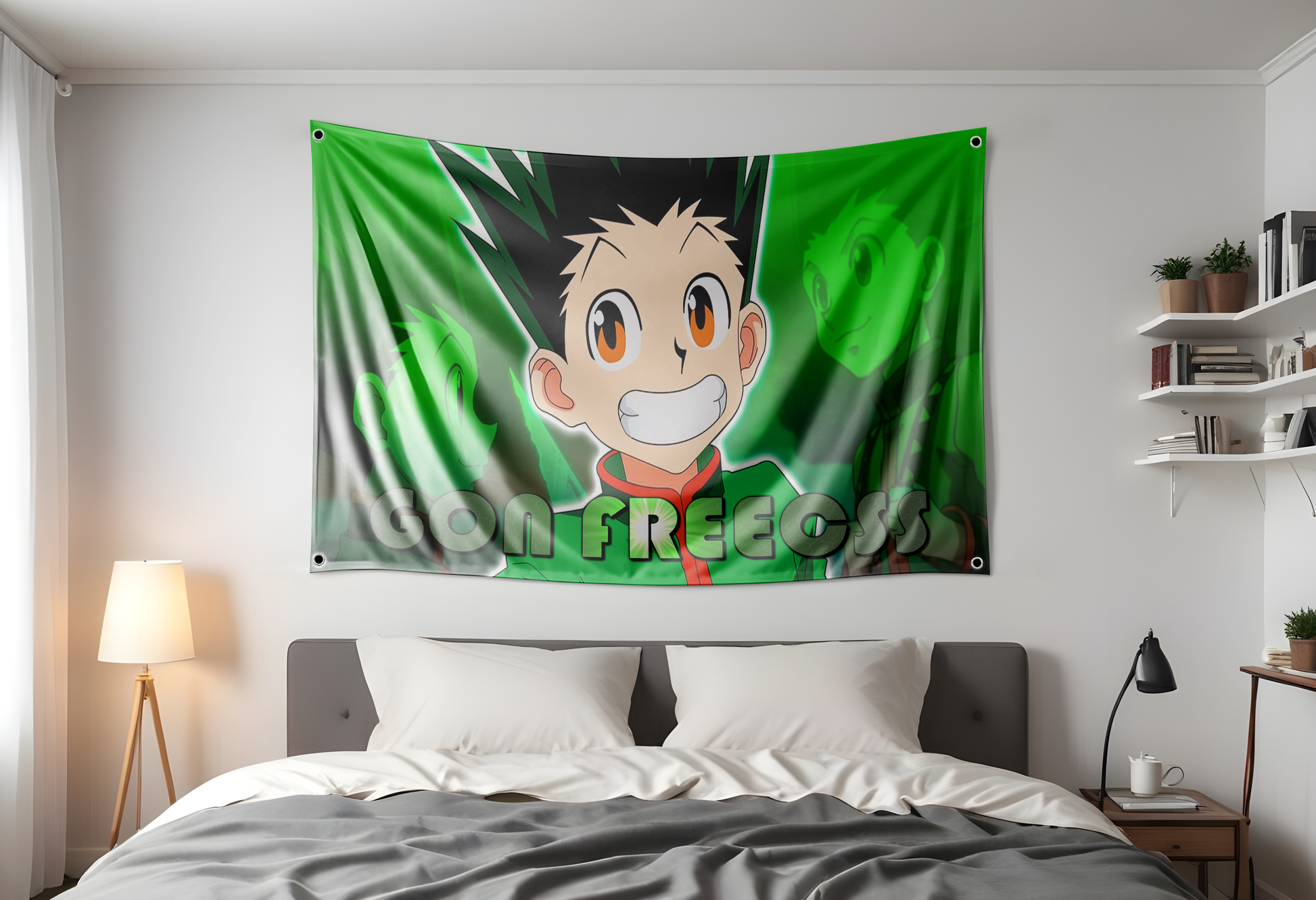 Gon Freecss on a flag 3x5ft with the text "Gon Freecss" from the anime Hunter X Hunter hung up in a dorm room